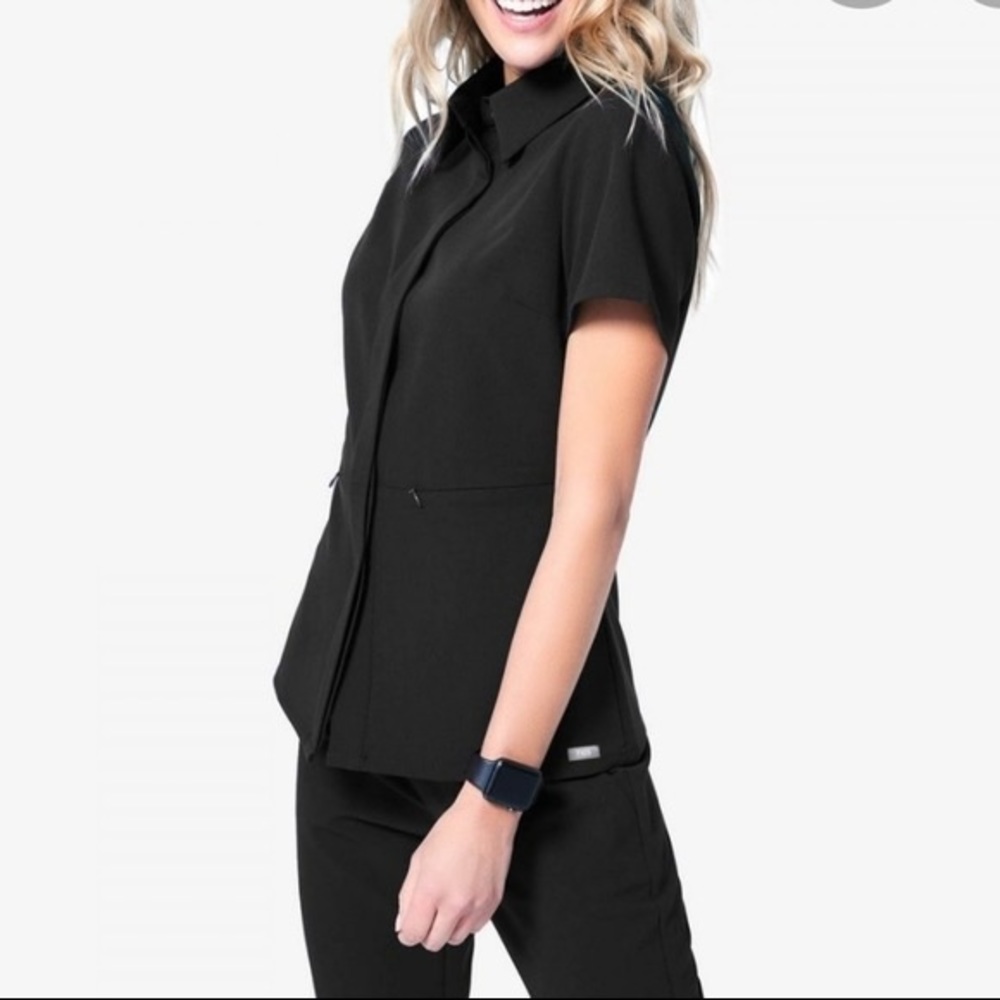 Figs Black S Malindi Collared Buttoned Scrub Top